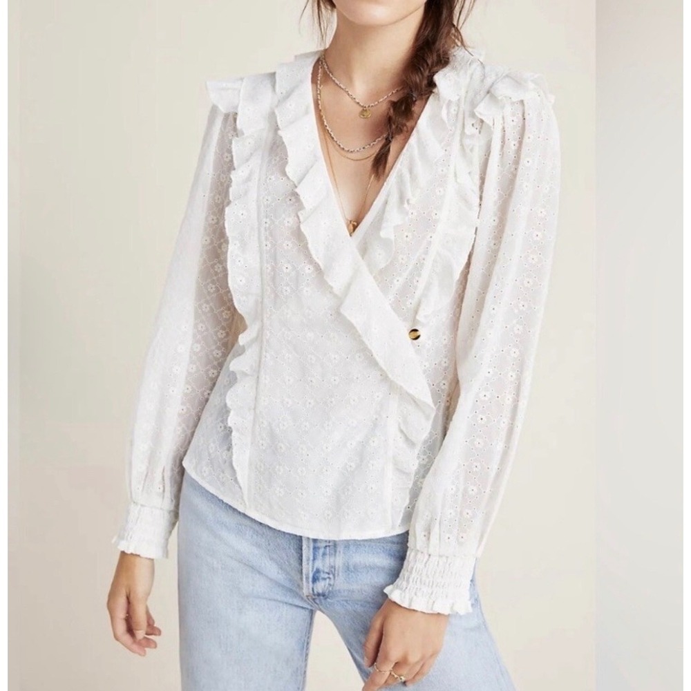 Maeve Anthropologie Eyelet Ruffle Wrap Blouse Long Sleeve Smocked Cuff Sz 0